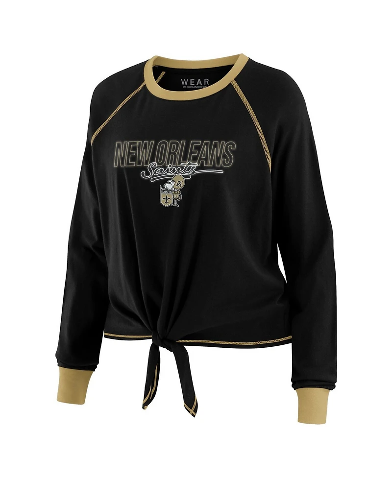 Wear by Erin Andrews Women's Black New Orleans Saints Tie-Front Long Sleeve T-Shirt