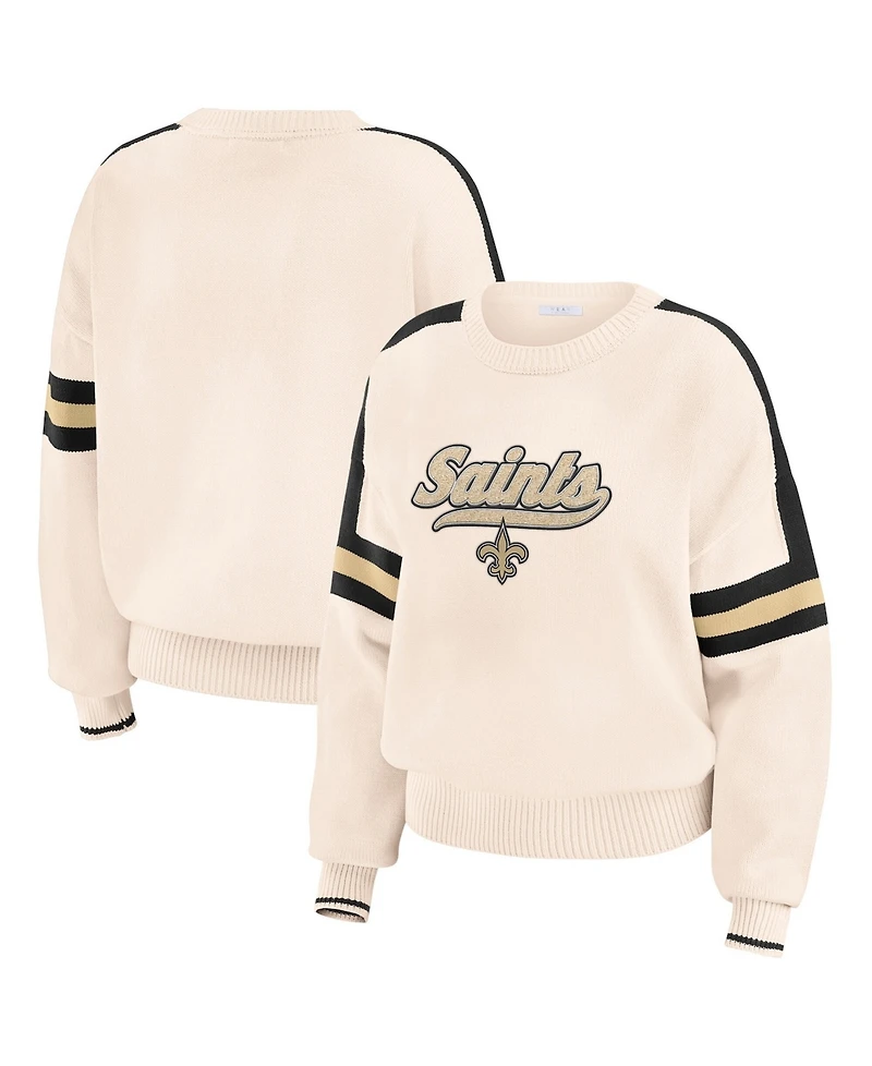 Wear by Erin Andrews Women's Cream New Orleans Saints Stripe Pullover Sweater