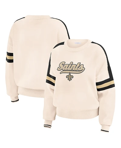 Wear by Erin Andrews Women's Cream New Orleans Saints Stripe Pullover Sweater