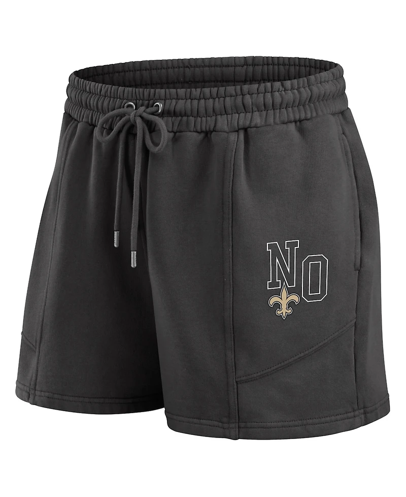 Wear by Erin Andrews Women's 2-Piece Black New Orleans Saints Washed Fleece Long Sleeve T-Shirt & Shorts Lounge Set
