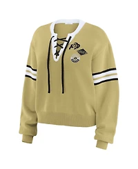 Wear by Erin Andrews Women's Gold Colorado Buffaloes Lace-Up Pullover Sweater