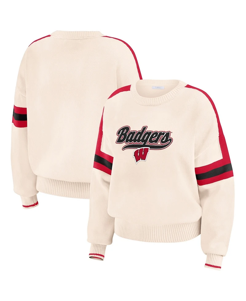 Wear by Erin Andrews Women's Cream Wisconsin Badgers Chenille Woven Patch Stripe Pullover Sweater