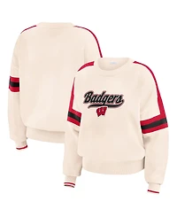 Wear by Erin Andrews Women's Cream Wisconsin Badgers Chenille Woven Patch Stripe Pullover Sweater