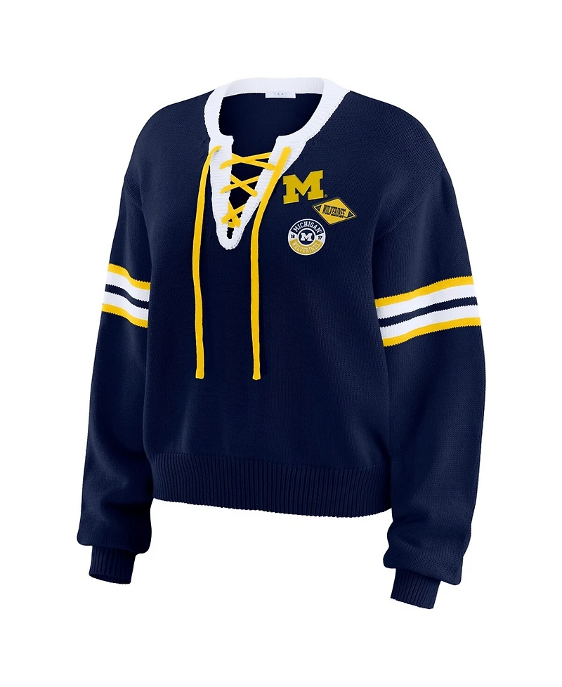 Wear by Erin Andrews Women's Navy Michigan Wolverines Lace-Up Pullover Sweater