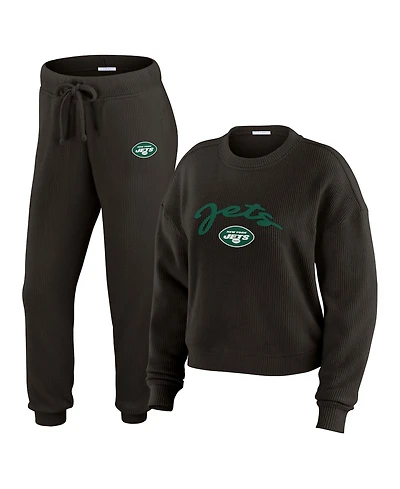 Wear by Erin Andrews Women's 2-Piece Cream New York Jets Knitted Tri-Blend Long Sleeve T-Shirt & Pants Lounge Set