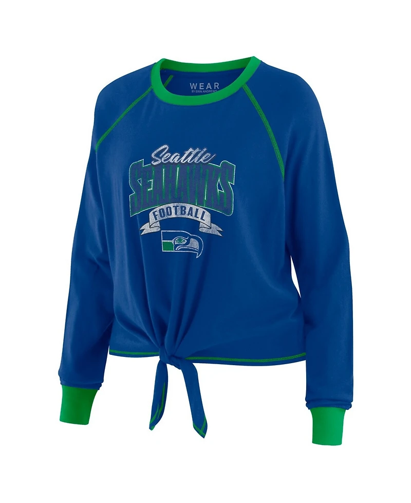 Wear by Erin Andrews Women's Royal/Green Seattle Seahawks Tie-Front Long Sleeve Top