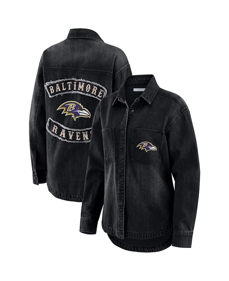 Wear by Erin Andrews Women's Black Baltimore Ravens Washed Oversized Denim Full-Snap Shacket