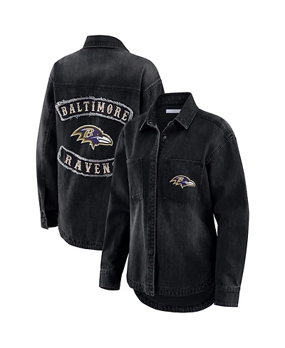 Wear by Erin Andrews Women's Black Baltimore Ravens Washed Oversized Denim Full-Snap Shacket