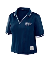 Wear by Erin Andrews Women's Navy New York Yankees Cropped V-Neck Polo Shirt