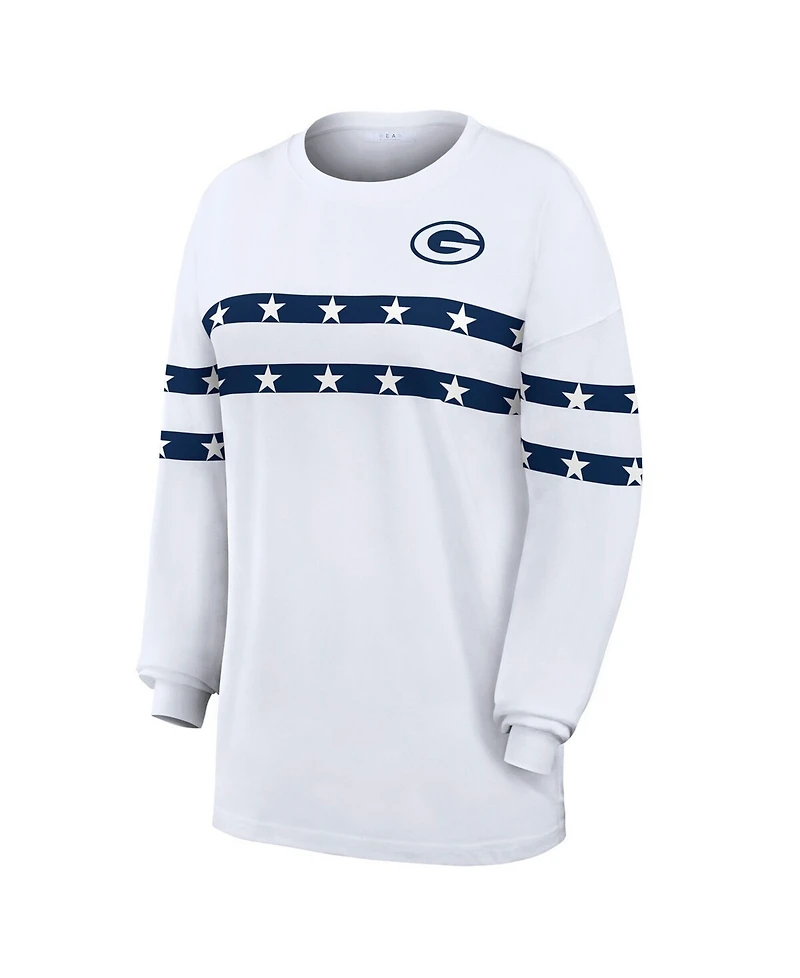 Wear by Erin Andrews Women's White Green Bay Packers Americana Stripe Long Sleeve T-Shirt