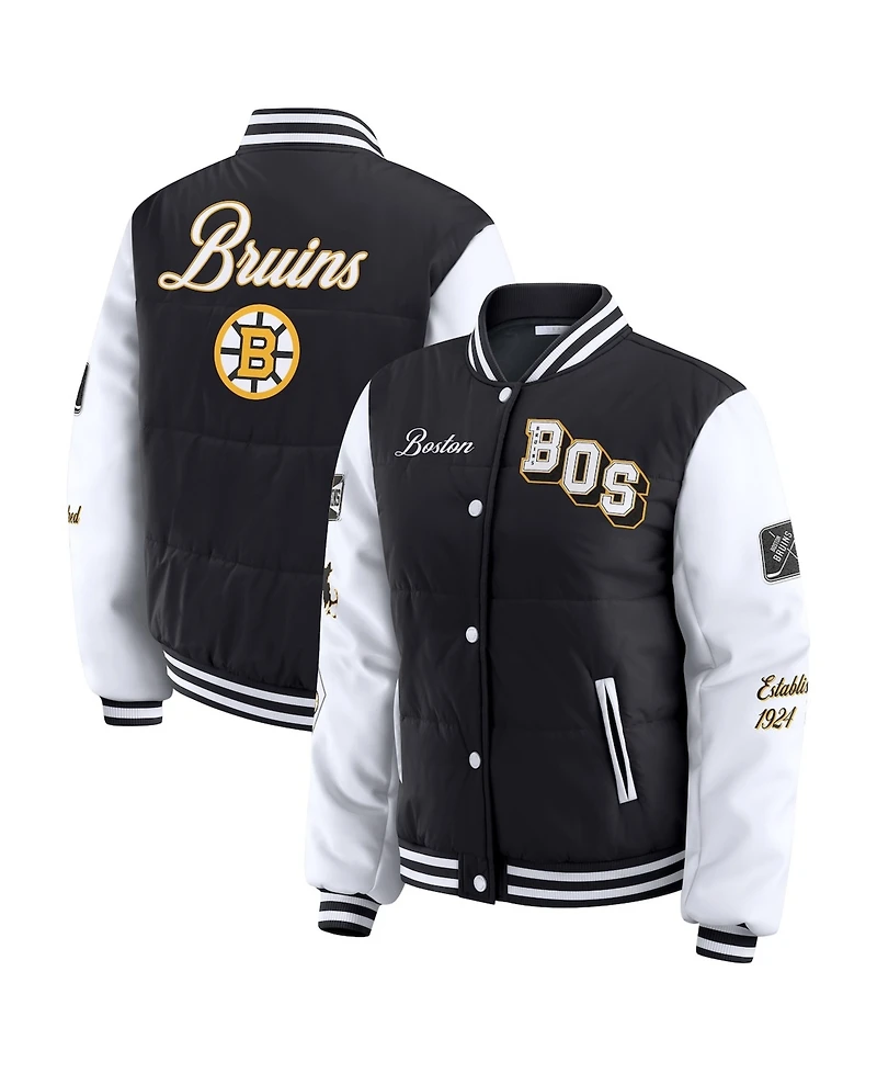 Wear by Erin Andrews Women's Black/White Boston Bruins Varsity Full-Snap Puffer Jacket