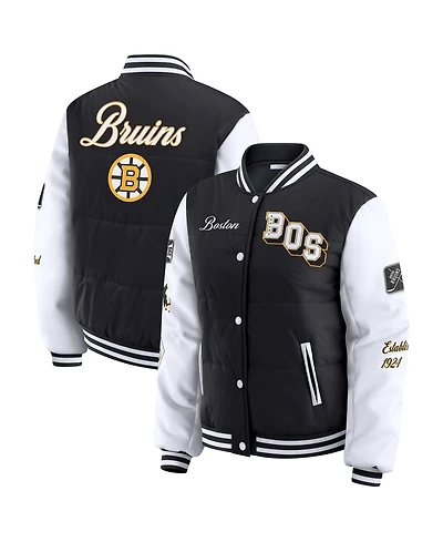 Wear by Erin Andrews Women's Black/White Boston Bruins Varsity Full-Snap Puffer Jacket