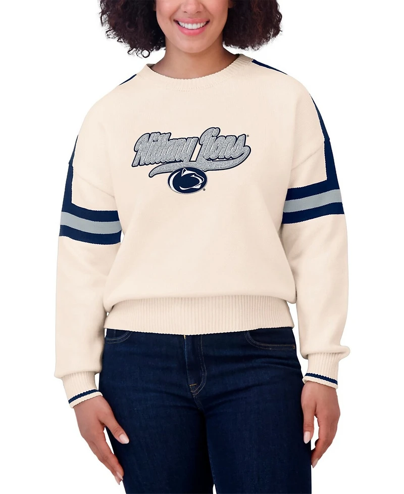 Wear by Erin Andrews Women's Cream Penn State Nittany Lions Chenille Woven Patch Stripe Pullover Sweater
