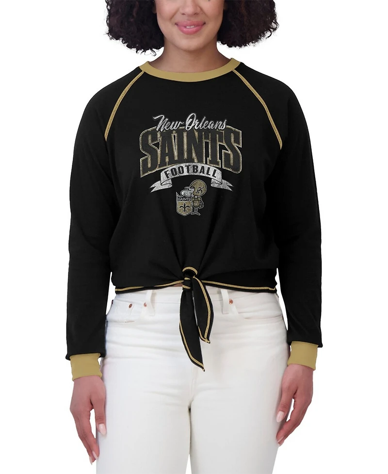 Wear by Erin Andrews Women's Black/Gold New Orleans Saints Tie-Front Long Sleeve Top