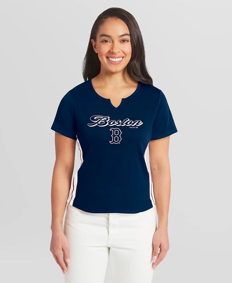 Wear by Erin Andrews Women's Navy Boston Red Sox Notch Neck Cropped T-Shirt