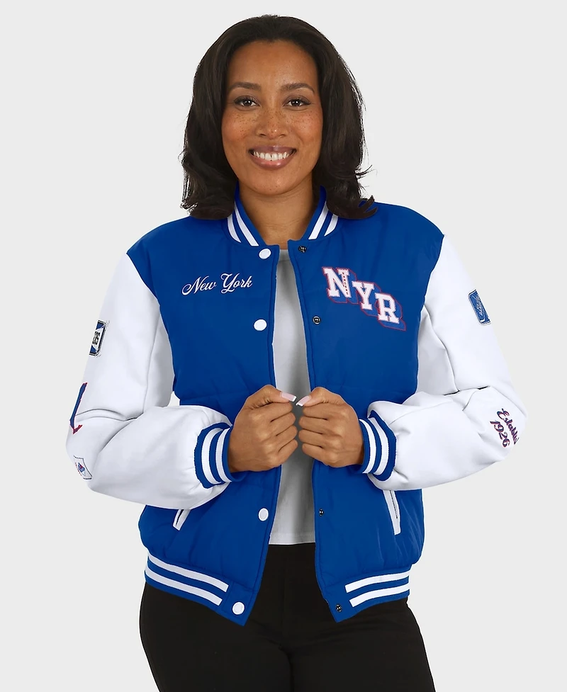 Wear by Erin Andrews Women's Blue/White New York Rangers Varsity Full-Snap Puffer Jacket