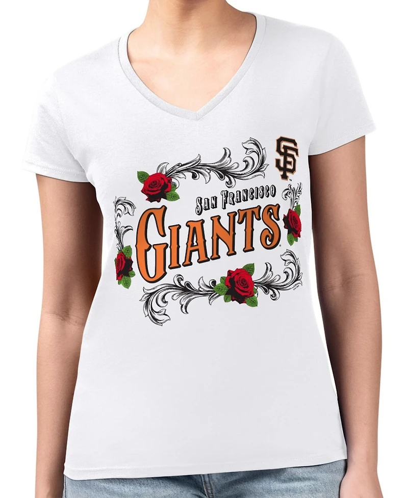 G-iii 4Her by Carl Banks Women's White San Francisco Giants Super-Slim Fit Lightweight Retro Roses V-Neck T-Shirt