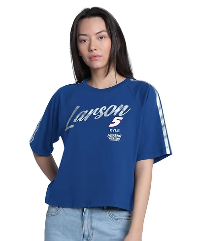 G-iii 4Her by Carl Banks Women's Royal Kyle Larson Raglan Cropped Classic Play Silver Trim T-Shirt