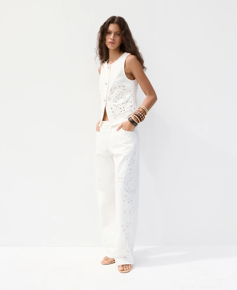 Mango Women's Openwork Embroidery Denim Vest