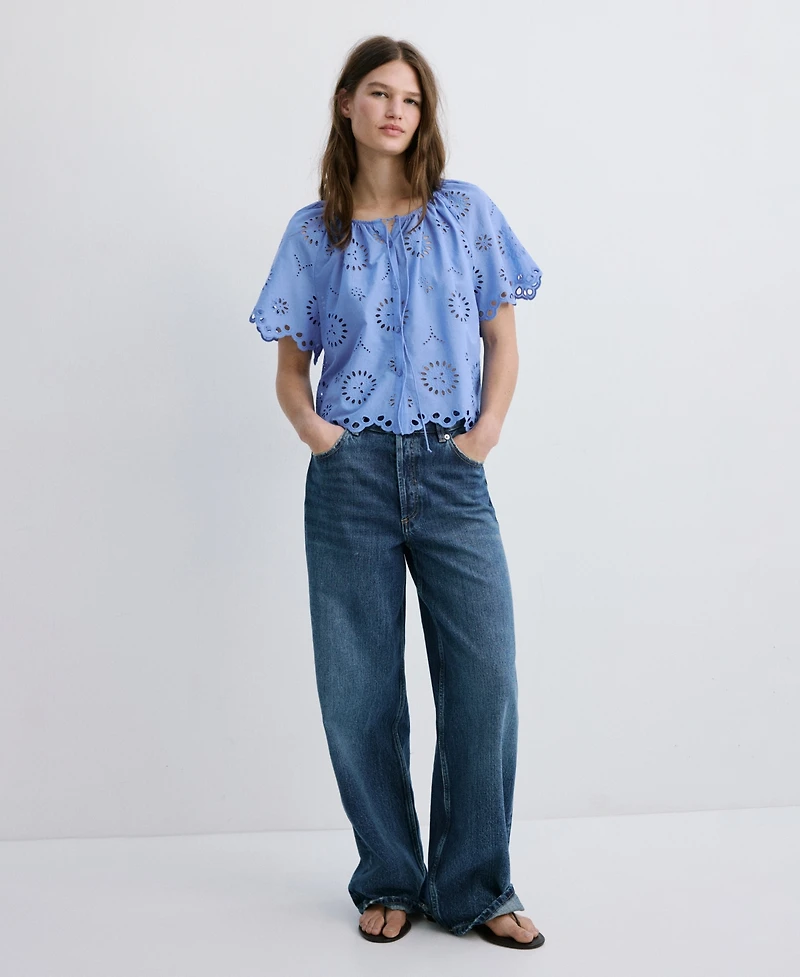 Mango Women's 100% Cotton Openwork Embroidery Blouse