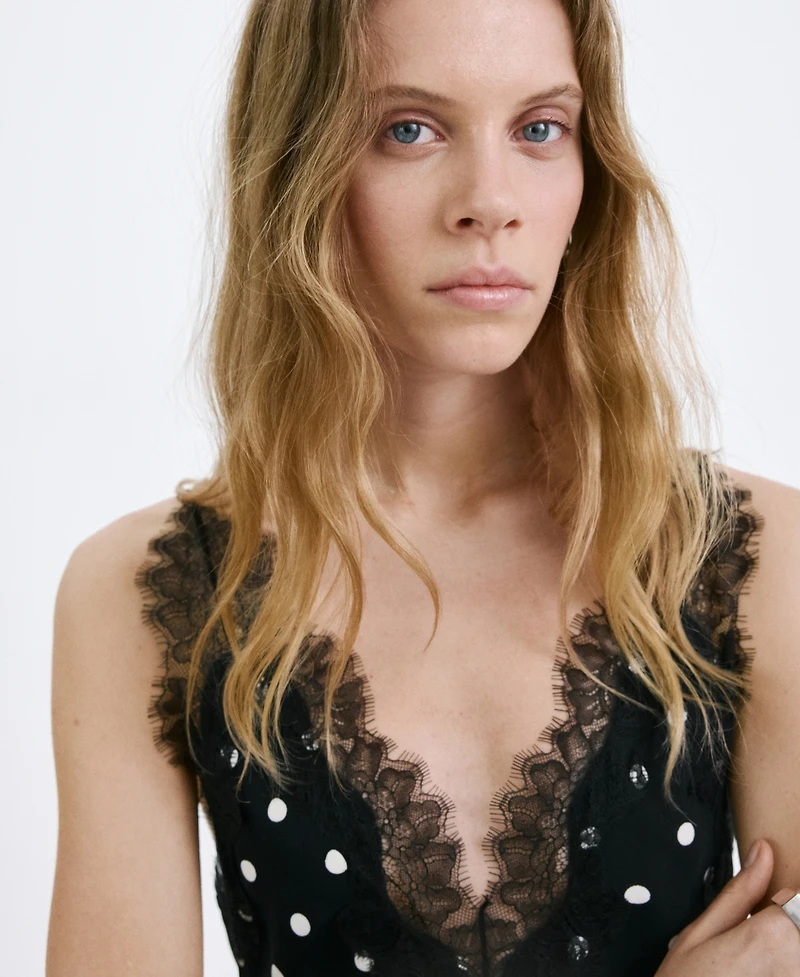 Mango Women's Lace Detail Polka-Dot Dress
