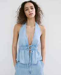 Mango Women's V-Neck Bow Denim Top