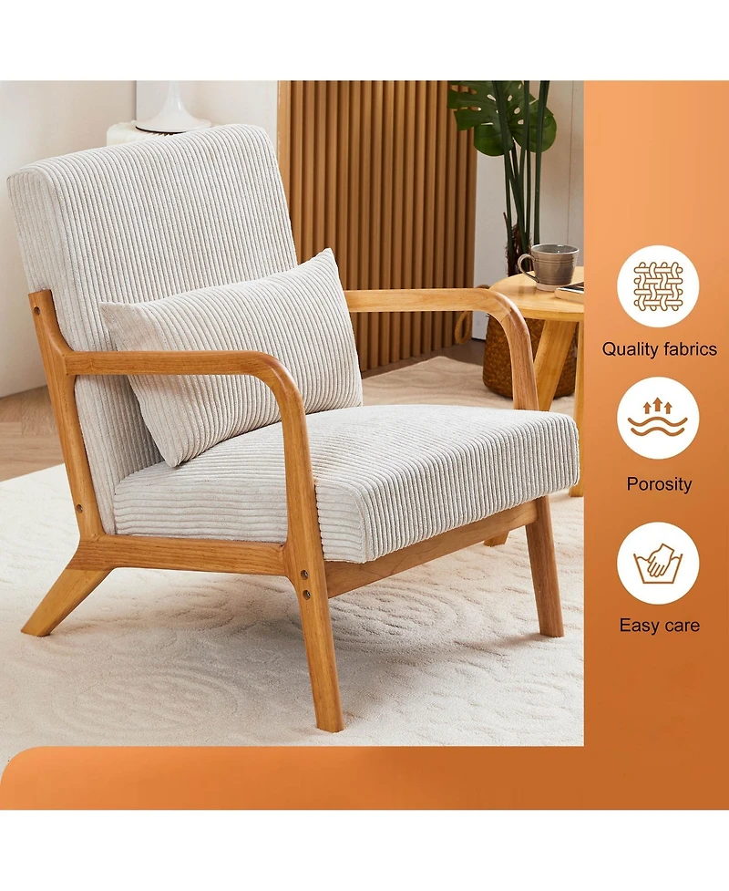 Rainsken Mid-Century Modern Accent Chair, Upholstered Lounge Armchair with Lumbar Pillow and Solid Wood Frame for Living Room, Balcony