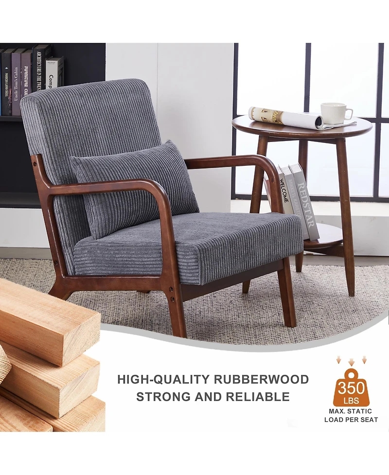 Rainsken Mid-Century Modern Accent Chair, Upholstered Lounge Armchair with Lumbar Pillow and Solid Wood Frame for Living Room, Balcony