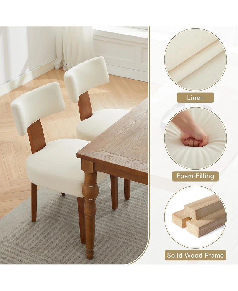 Rainsken Linen Fabric Dining Chairs Set of 2, Modern Armless Kitchen with Curved Backrest and Solid Wooden Legs for Room