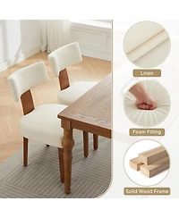 Rainsken Linen Fabric Dining Chairs Set of 2, Modern Armless Kitchen with Curved Backrest and Solid Wooden Legs for Room