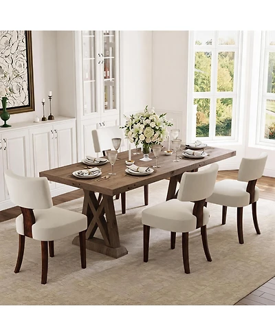 homfan Set of 4 Dining Chairs, 19 Inch Chenille Upholstered Chairs with Curved Back and Brown Wood Legs for Dining Room