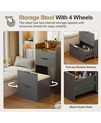 Vlsrka 3-in-1 Flip Top Mirror Vanity Desk, Glass Desktop Dressing Table with 3 Drawers and Padded Stool