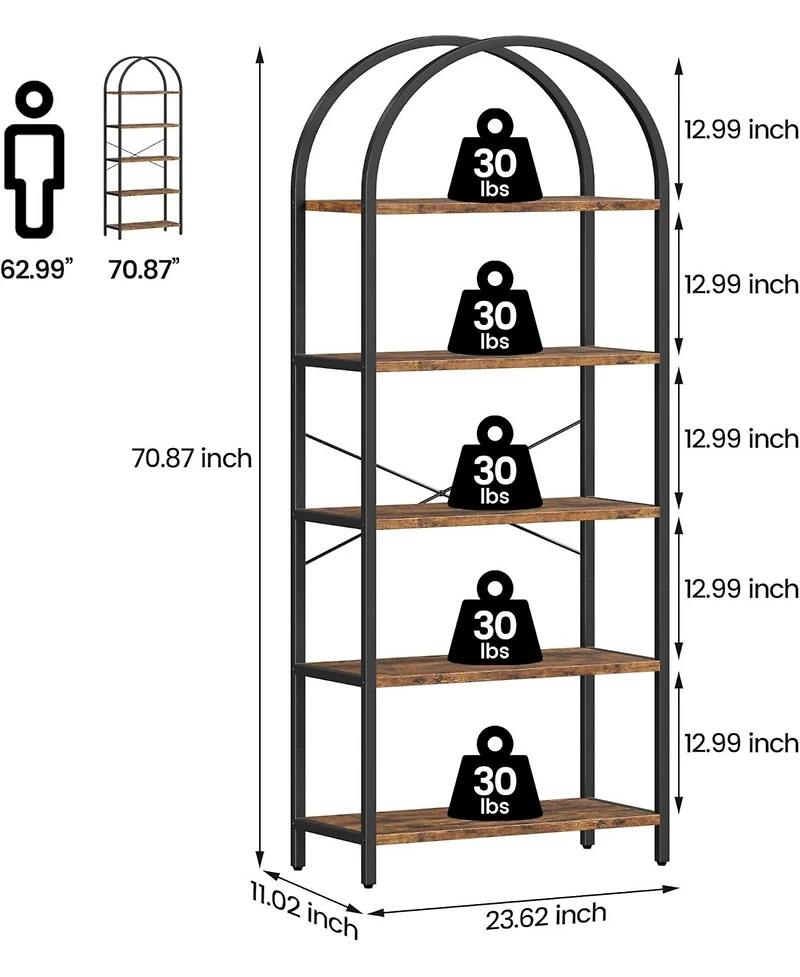homfan Arched Tall Bookshelf, 5-Tier Industrial Wood and Metal Shelf, Rustic Farmhouse Storage for Home Office