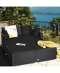Sugift Outdoor Rattan Daybed with Upholstered Cushions and 4 Throw Pillows