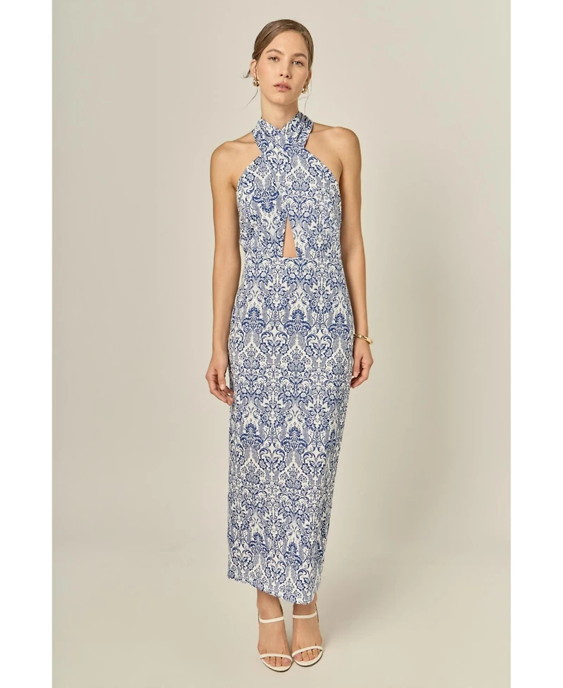 English Factory Women's Printed Halter Cutout Maxi Dress