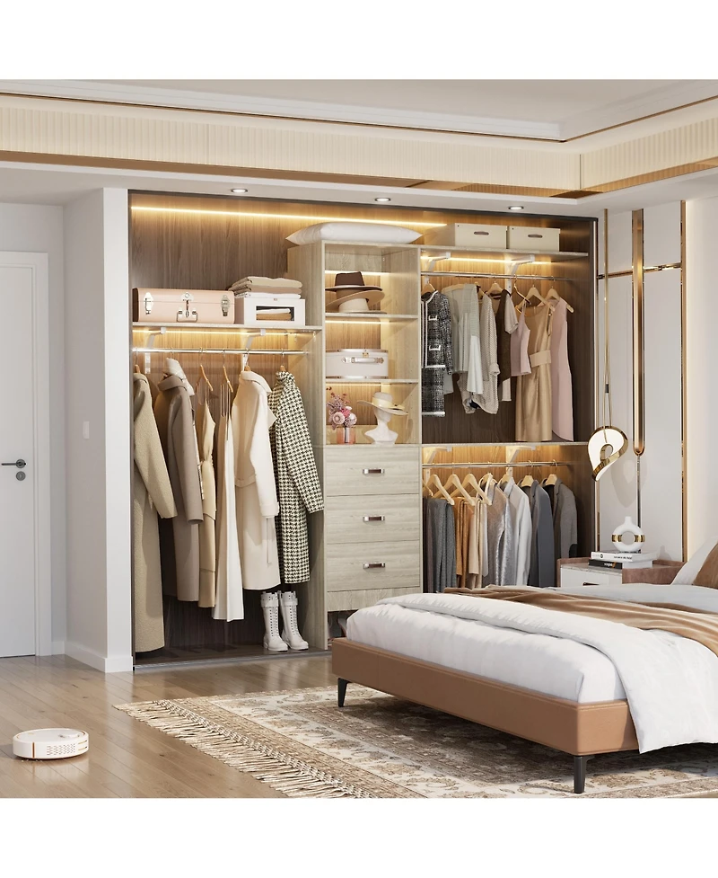 Aheaplus Closet System with 3 Hanging Rods, Drawers and Shelving Tower, 5-8 Feet Walk-in Organizer