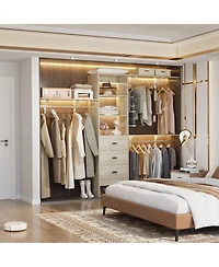 Aheaplus Closet System with 3 Hanging Rods, Drawers and Shelving Tower, 5-8 Feet Walk-in Organizer