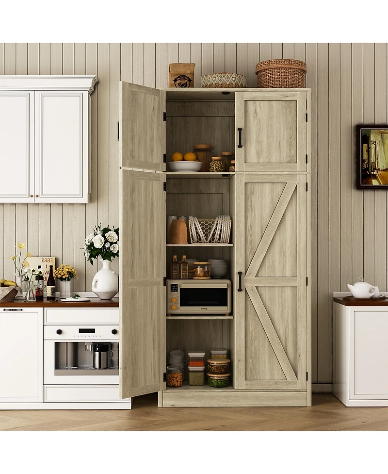 Aheaplus 71" Tall Wooden Pantry Cabinet with Shelves, Kitchen Storage 4 Barn Doors
