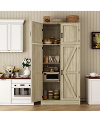 Aheaplus 71" Tall Wooden Pantry Cabinet with Shelves, Kitchen Storage 4 Barn Doors