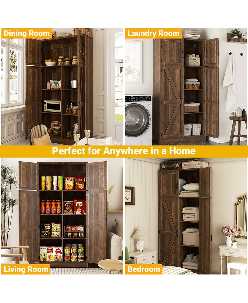 Aheaplus 71" Tall Wooden Pantry Cabinet with Shelves, Kitchen Storage 4 Barn Doors