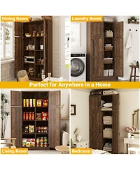 Aheaplus 71" Tall Wooden Pantry Cabinet with Shelves, Kitchen Storage 4 Barn Doors