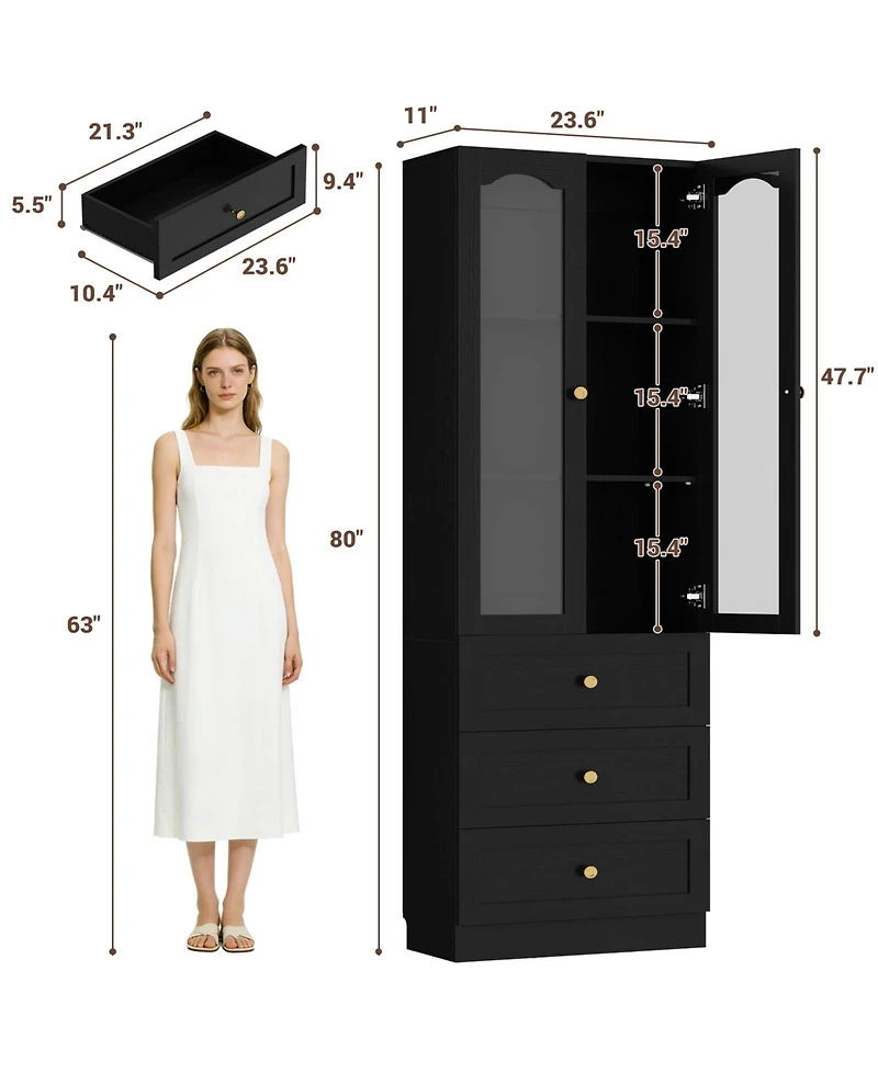 Aheaplus 80" Tall Wooden Pantry Cabinet with Doors and Drawers, Freestanding Kitchen Storage