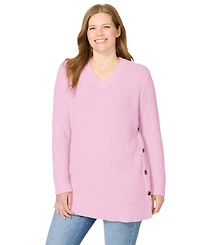 Woman Within Plus Size Side Button V-Neck Waffle Knit Sweater
