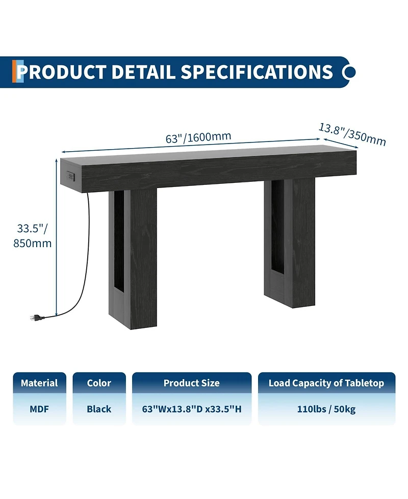 homfan 63-Inch Console Table with Charging Station – Narrow Sofa for Hallway, Living Room