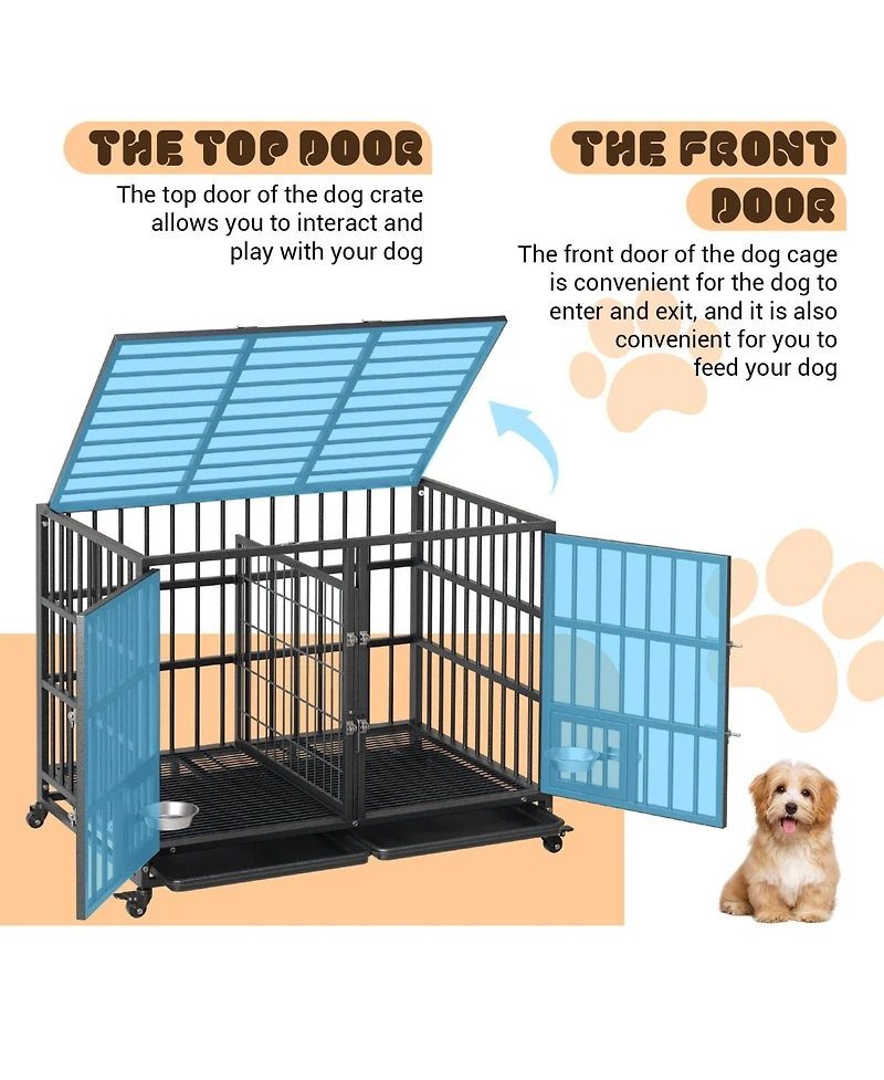 gaomon 42 inch Heavy Duty Dog Crate, Large Metal Dog Crate with 2 Feeding Door and Blows, Pet Cage House with Removable Tray and Wheels for s/m/l Dogs
