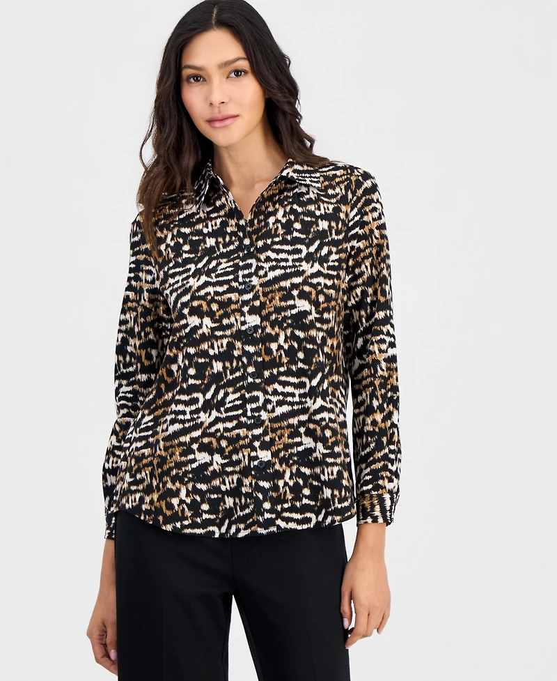 Anne Klein Essentials Petite Printed Button-Front Blouse