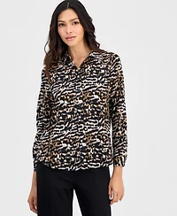 Anne Klein Essentials Petite Printed Button-Front Blouse