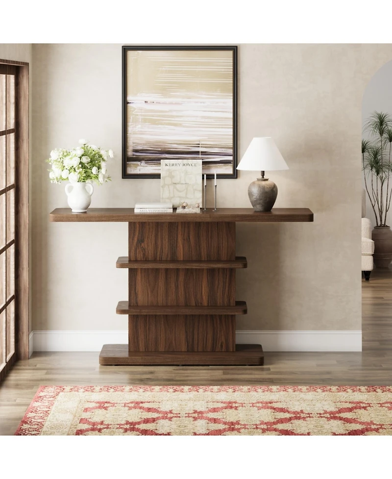 Rainsken Farmhouse Narrow Console Table, with 2 Tier Open Storage Shelves, Easy to Move and Adjust, High Weight Capacity, for Living Room,Hallway