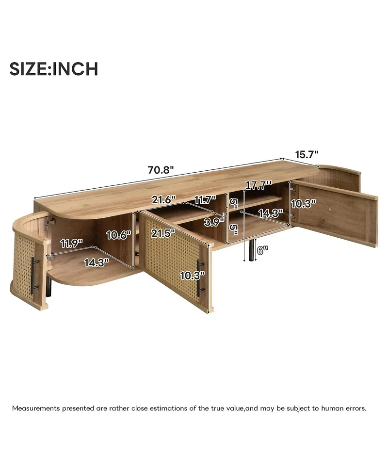 Rainsken 70 inch Modern Tv Stand, Rattan Doors, with Storage Space and Cable Holes, for TVs up to 80 inch, Media Console, for Living Room