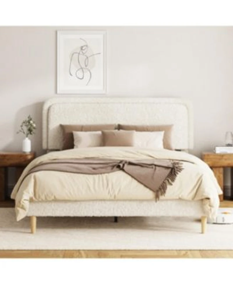 Rainsken Platform Bed Frame With Height Adjustable Headboard Quiet Design Upholstered Teddy Fabric No Spring Mattress Compatible